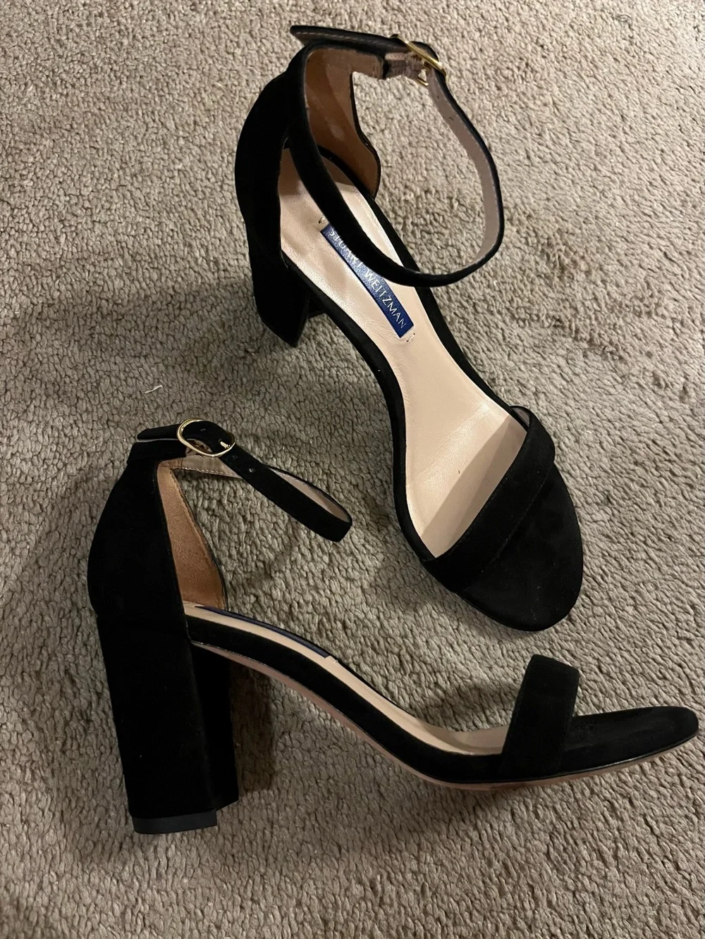 Stuart Weitzman Black Suede Ankle-Strap Block Heel Sandals